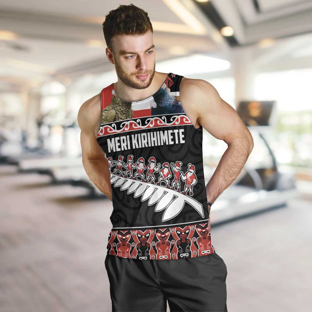 New Zealand Meri Kirihimete Men Tank Top Christmas Tui Bird and Kea Bird - Haka Santa with Maori Koru Art Pattern