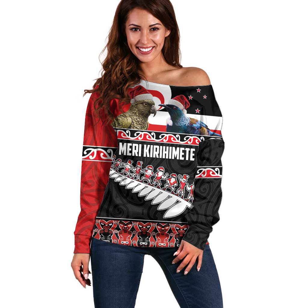 New Zealand Meri Kirihimete Off Shoulder Sweater Christmas Tui Bird and Kea Bird - Haka Santa with Maori Koru Art Pattern