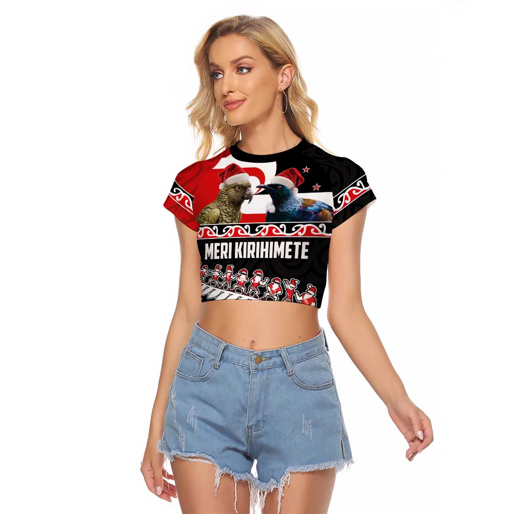 New Zealand Meri Kirihimete Raglan Cropped T Shirt Christmas Tui Bird and Kea Bird - Haka Santa with Maori Koru Art Pattern LT03 Female Black - Polynesian Pride