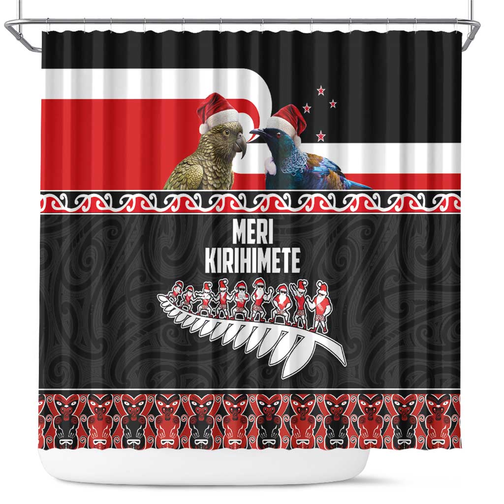 New Zealand Meri Kirihimete Shower Curtain Christmas Tui Bird and Kea Bird - Haka Santa with Maori Koru Art Pattern