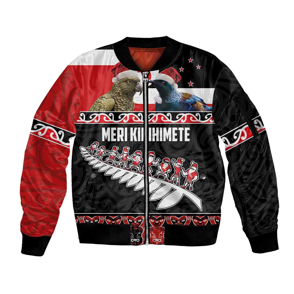 New Zealand Meri Kirihimete Sleeve Zip Bomber Jacket Christmas Tui Bird and Kea Bird - Haka Santa with Maori Koru Art Pattern