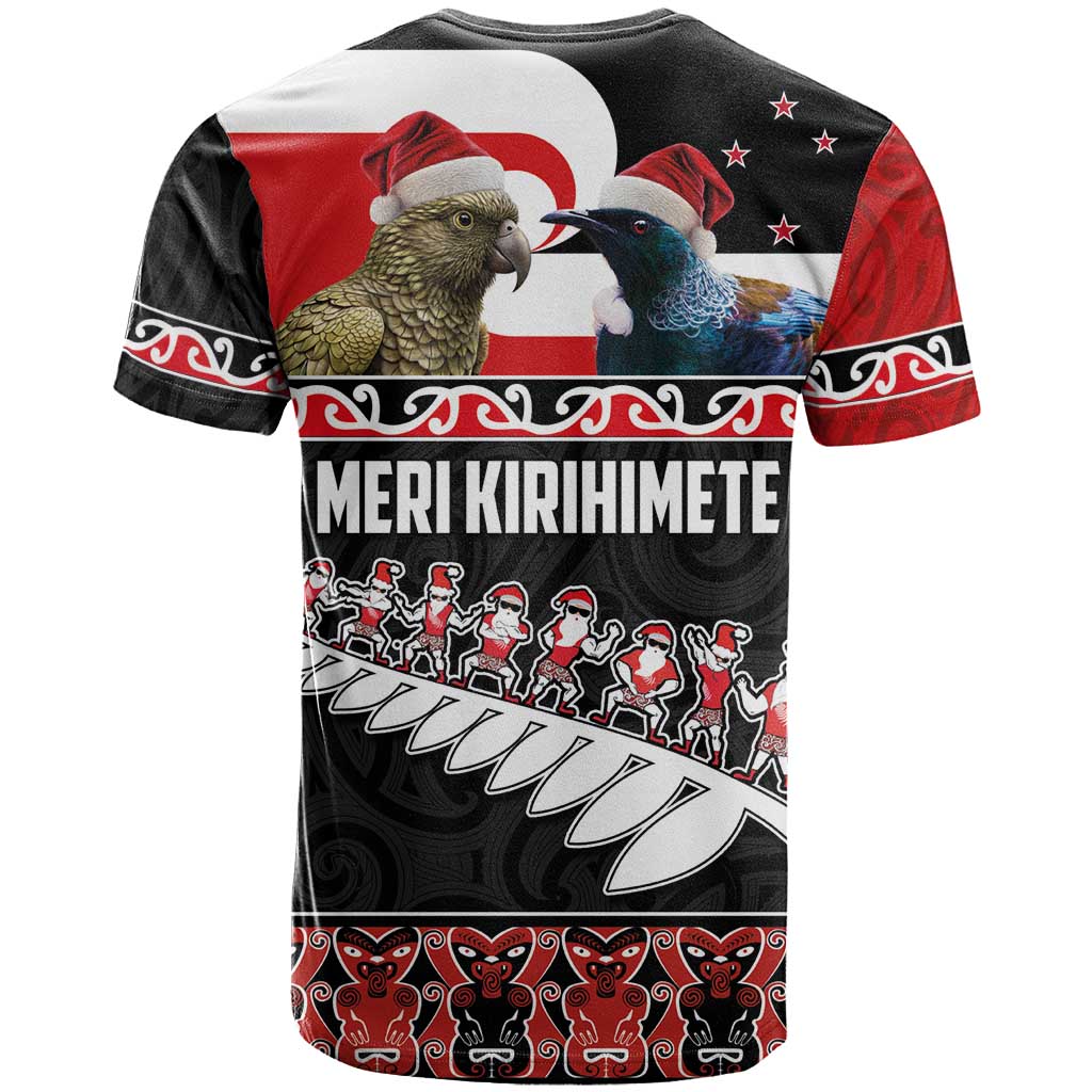 New Zealand Meri Kirihimete T Shirt Christmas Tui Bird and Kea Bird - Haka Santa with Maori Koru Art Pattern LT03 - Polynesian Pride