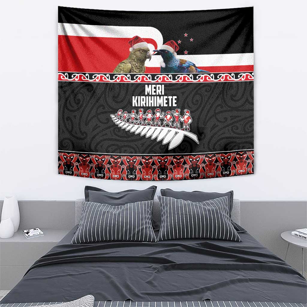 New Zealand Meri Kirihimete Tapestry Christmas Tui Bird and Kea Bird - Haka Santa with Maori Koru Art Pattern