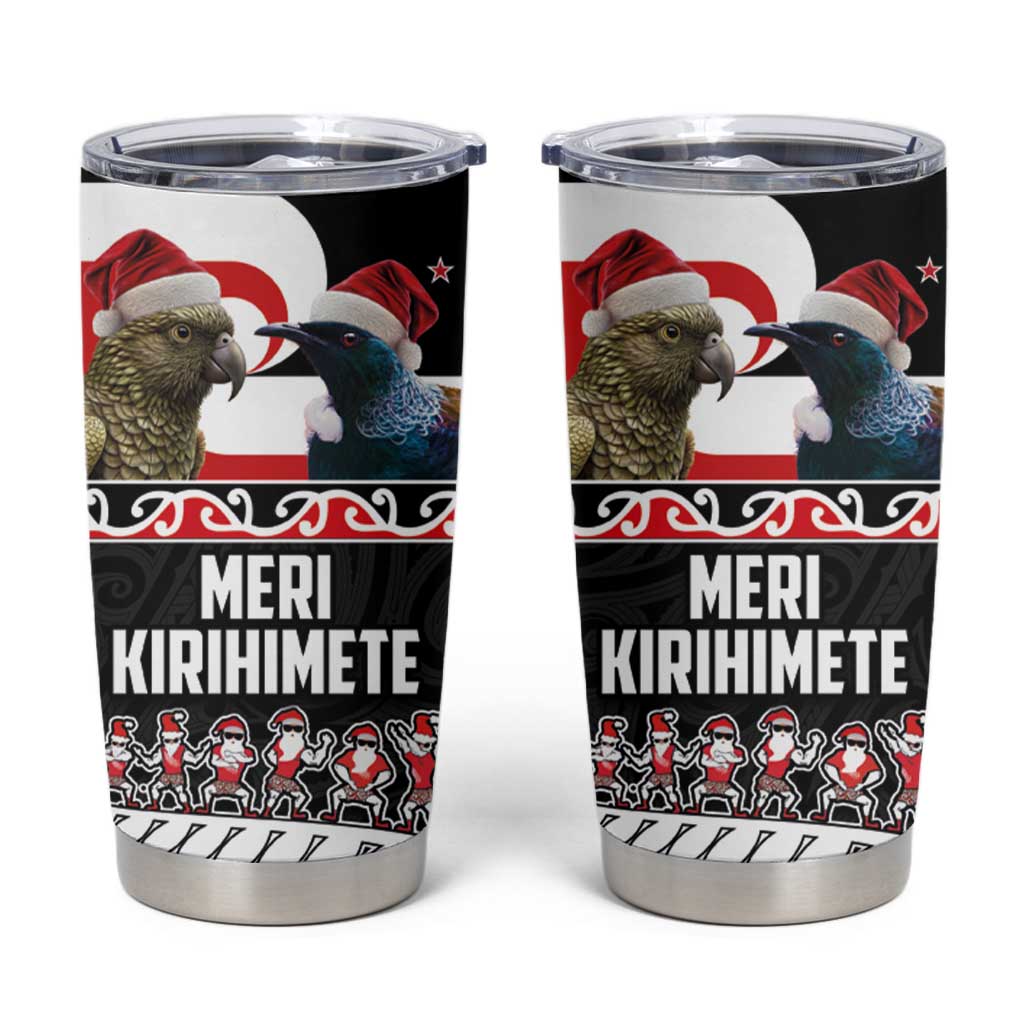 New Zealand Meri Kirihimete Tumbler Cup Christmas Tui Bird and Kea Bird - Haka Santa with Maori Koru Art Pattern