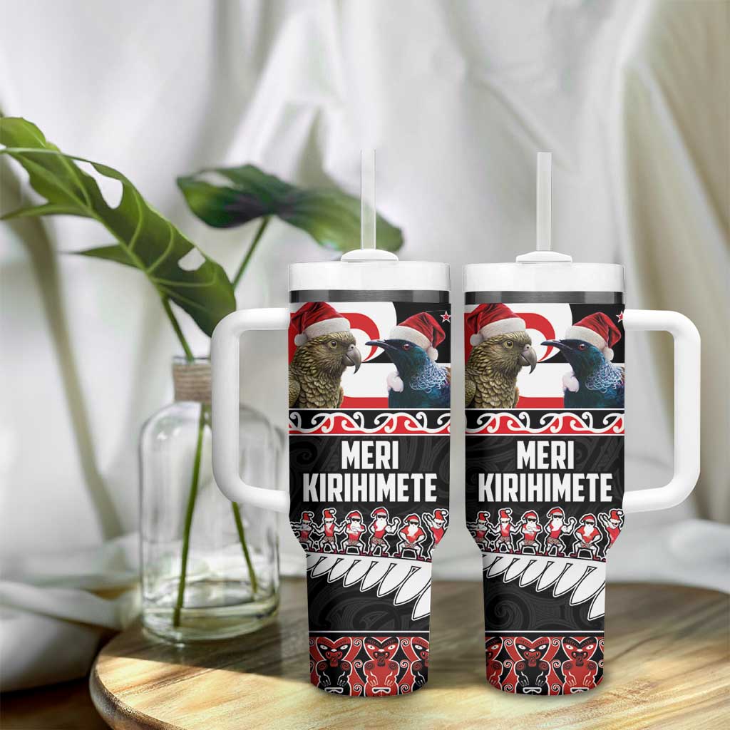 New Zealand Meri Kirihimete Tumbler With Handle Christmas Tui Bird and Kea Bird - Haka Santa with Maori Koru Art Pattern LT03 - Polynesian Pride