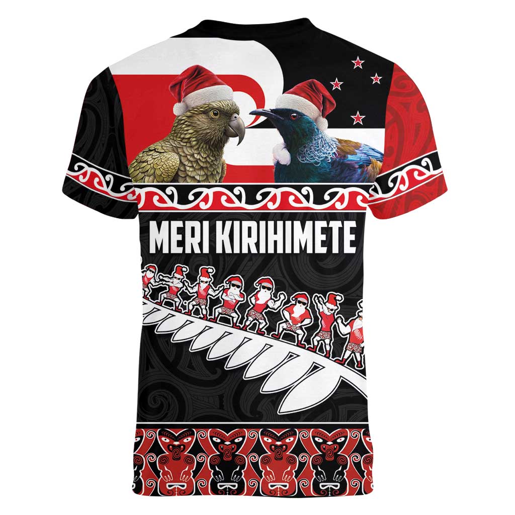 New Zealand Meri Kirihimete Women V-Neck T-Shirt Christmas Tui Bird and Kea Bird - Haka Santa with Maori Koru Art Pattern LT03 - Polynesian Pride