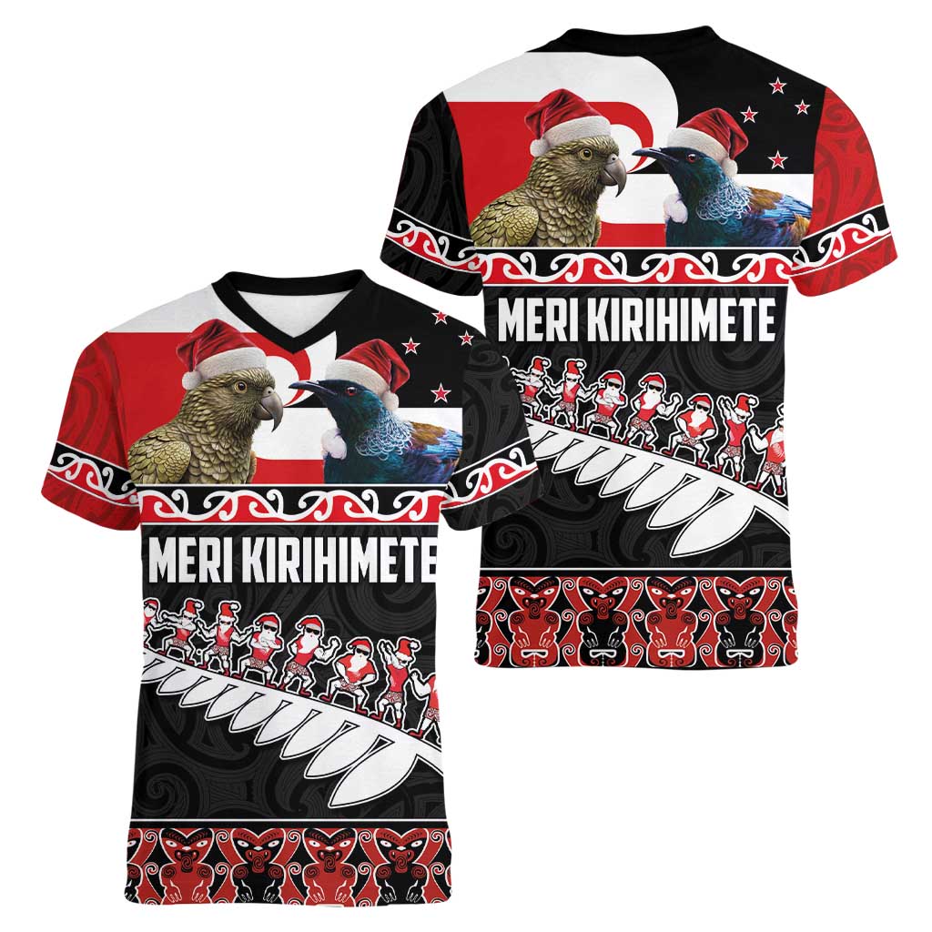 New Zealand Meri Kirihimete Women V-Neck T-Shirt Christmas Tui Bird and Kea Bird - Haka Santa with Maori Koru Art Pattern LT03 - Polynesian Pride