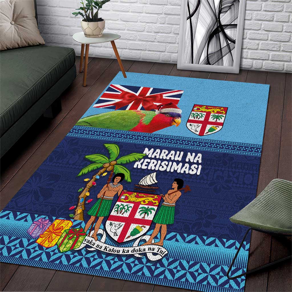 Fiji Marau na Kerisimasi Area Rug Christmas Collared Lory - Fiji Emblems and Xmas Palm Tree Tapa Art Pattern