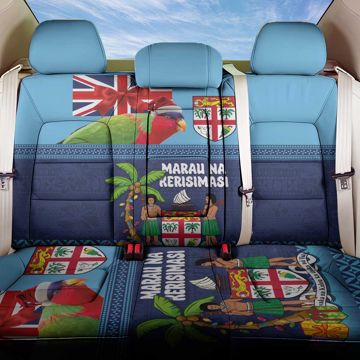 Fiji Marau na Kerisimasi Back Car Seat Cover Christmas Collared Lory - Fiji Emblems and Xmas Palm Tree Tapa Art Pattern