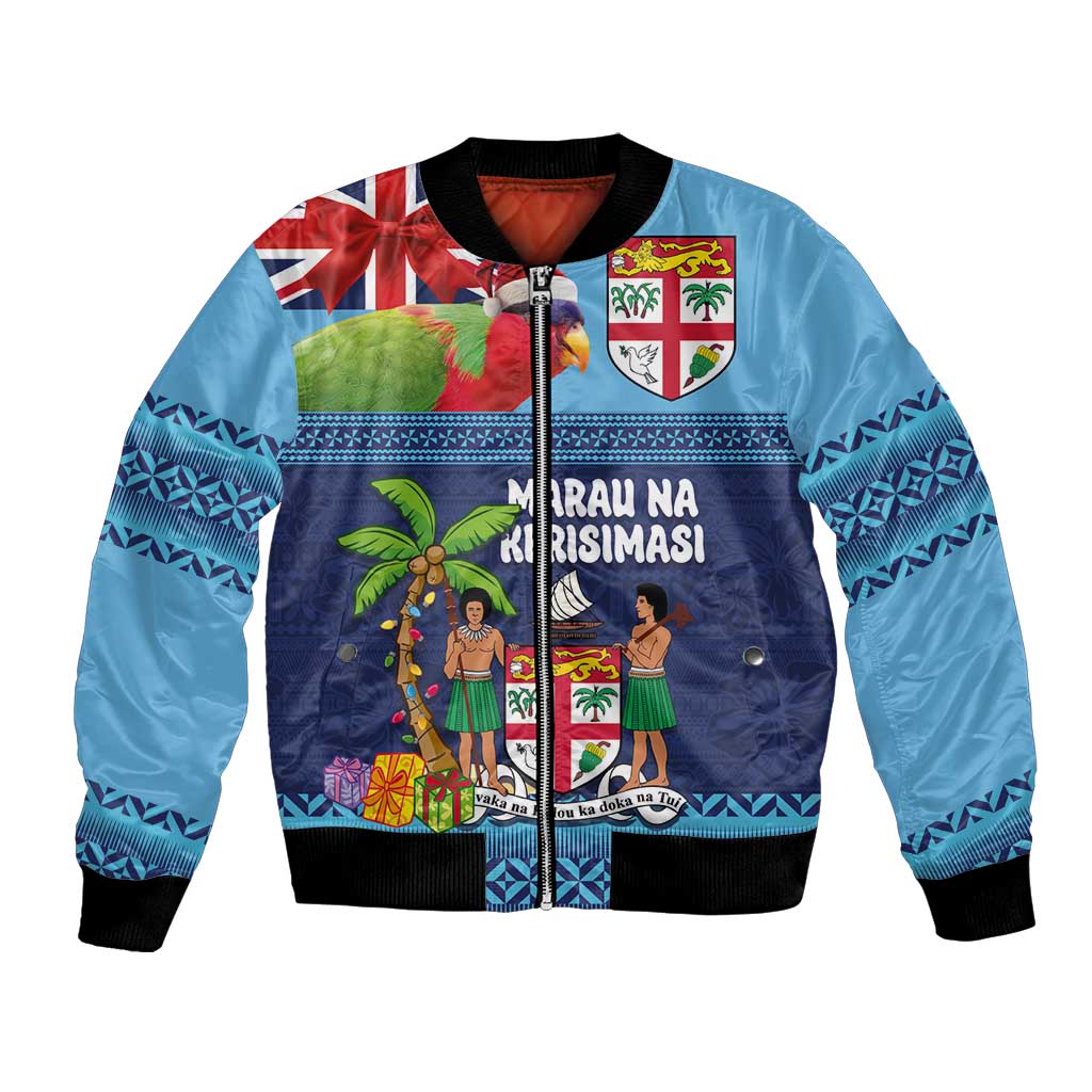 Fiji Marau na Kerisimasi Bomber Jacket Christmas Collared Lory - Fiji Emblems and Xmas Palm Tree Tapa Art Pattern