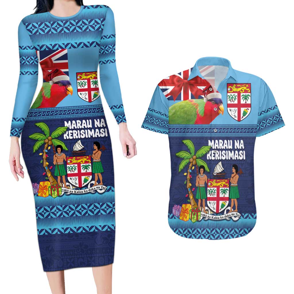 Fiji Marau na Kerisimasi Couples Matching Long Sleeve Bodycon Dress and Hawaiian Shirt Christmas Collared Lory - Fiji Emblems and Xmas Palm Tree Tapa Art Pattern