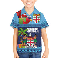 Fiji Marau na Kerisimasi Family Matching Off Shoulder Short Dress and Hawaiian Shirt Christmas Collared Lory - Fiji Emblems and Xmas Palm Tree Tapa Art Pattern