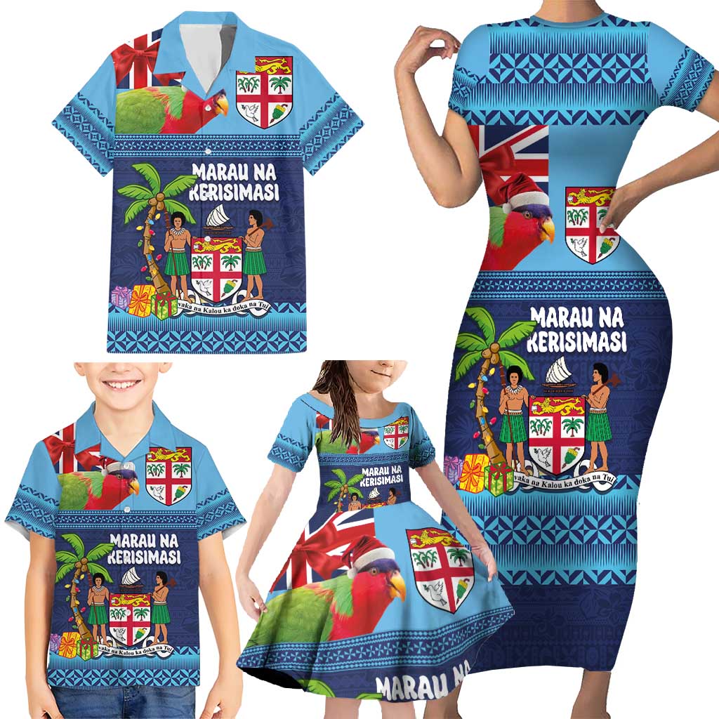 Fiji Marau na Kerisimasi Family Matching Short Sleeve Bodycon Dress and Hawaiian Shirt Christmas Collared Lory - Fiji Emblems and Xmas Palm Tree Tapa Art Pattern