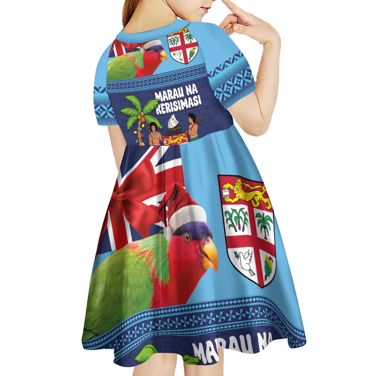 Fiji Marau na Kerisimasi Kid Short Sleeve Dress Christmas Collared Lory - Fiji Emblems and Xmas Palm Tree Tapa Art Pattern