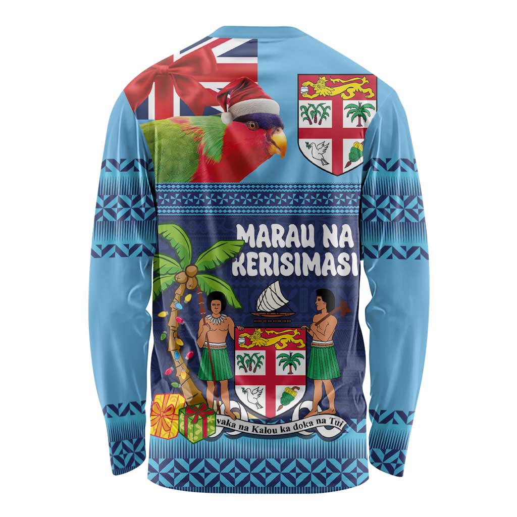 Fiji Marau na Kerisimasi Long Sleeve Shirt Christmas Collared Lory - Fiji Emblems and Xmas Palm Tree Tapa Art Pattern