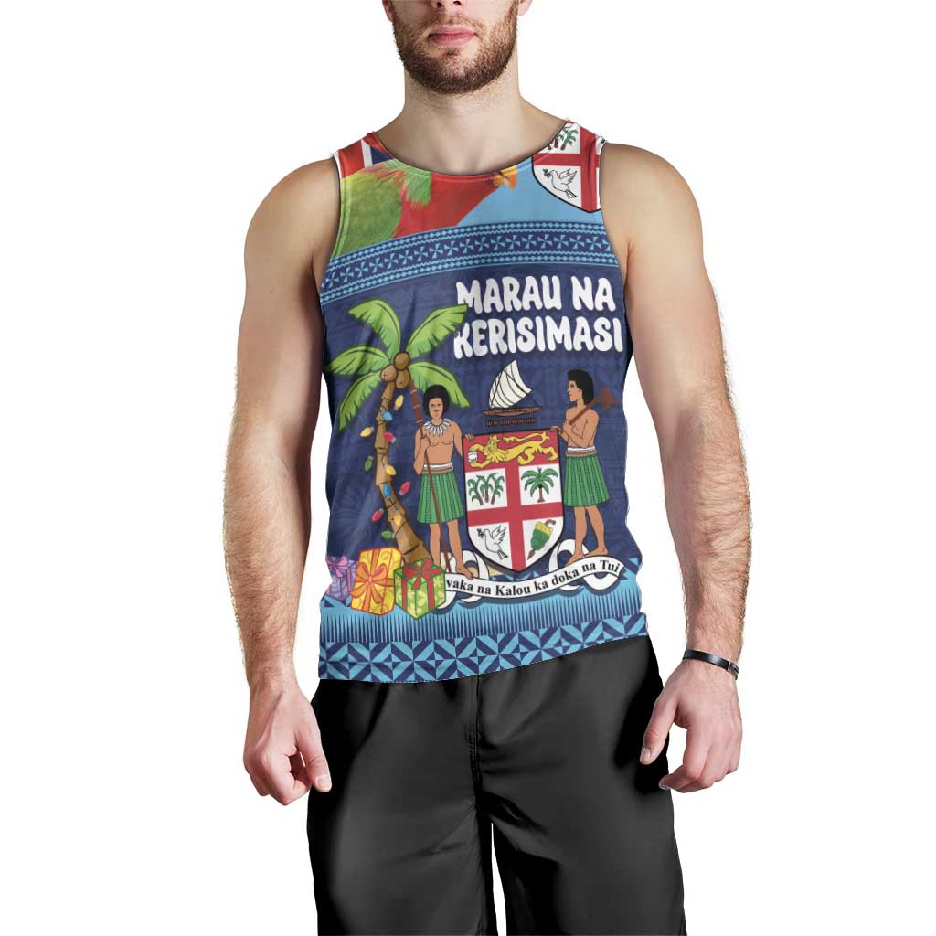 Fiji Marau na Kerisimasi Men Tank Top Christmas Collared Lory - Fiji Emblems and Xmas Palm Tree Tapa Art Pattern