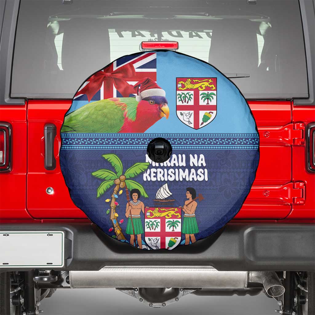 Fiji Marau na Kerisimasi Spare Tire Cover Christmas Collared Lory - Fiji Emblems and Xmas Palm Tree Tapa Art Pattern