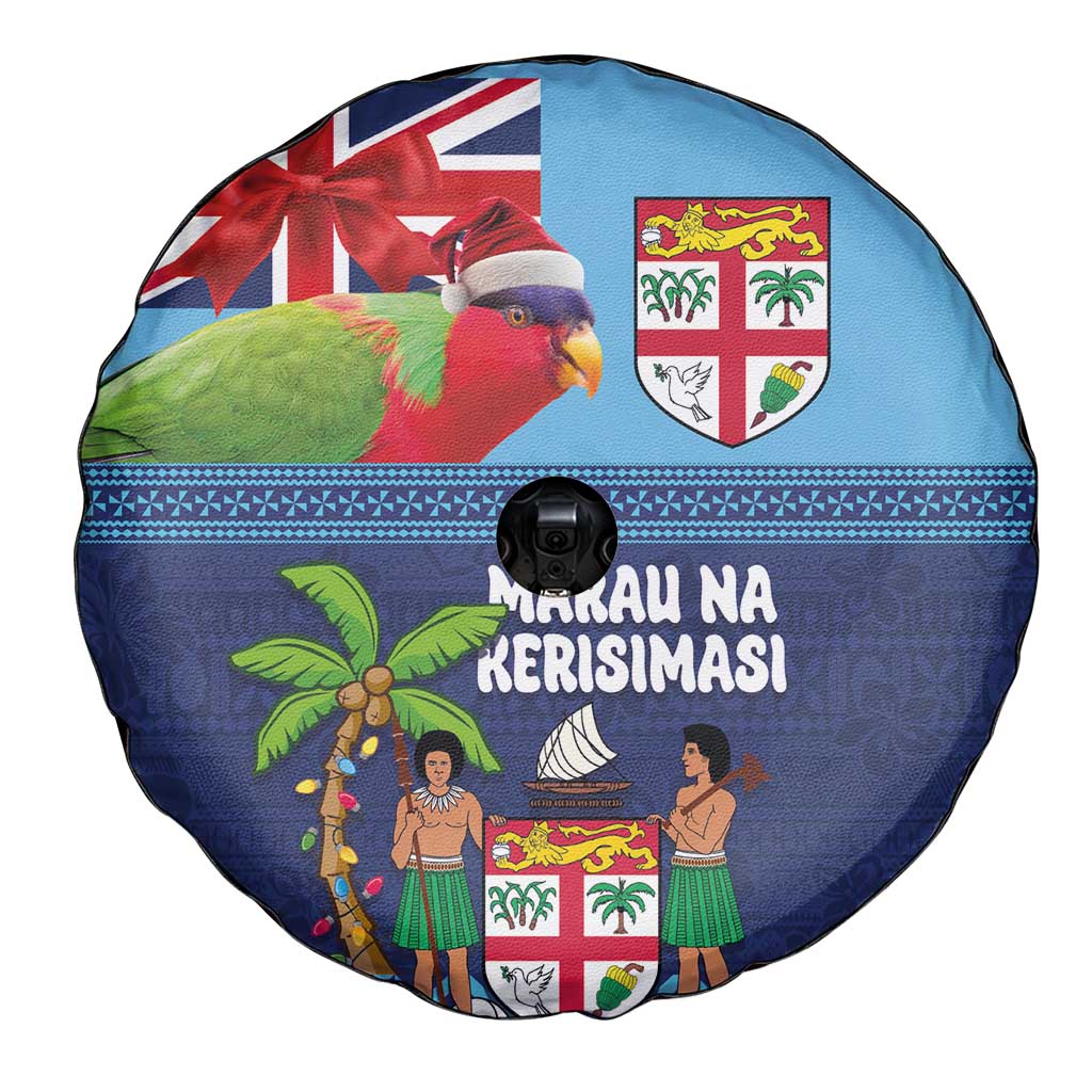 Fiji Marau na Kerisimasi Spare Tire Cover Christmas Collared Lory - Fiji Emblems and Xmas Palm Tree Tapa Art Pattern