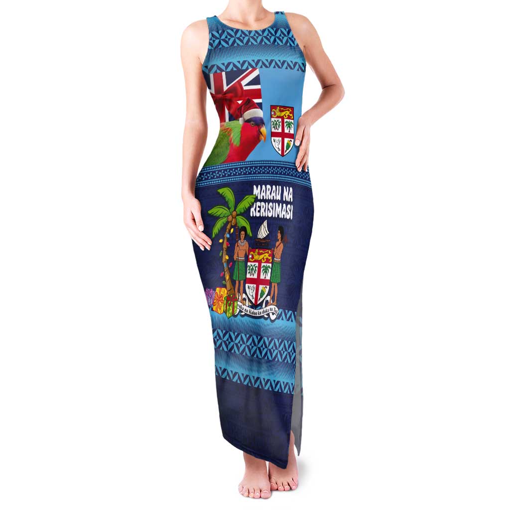 Fiji Marau na Kerisimasi Tank Maxi Dress Christmas Collared Lory - Fiji Emblems and Xmas Palm Tree Tapa Art Pattern LT03 Women Blue - Polynesian Pride