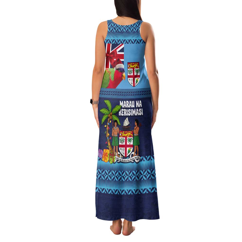 Fiji Marau na Kerisimasi Tank Maxi Dress Christmas Collared Lory - Fiji Emblems and Xmas Palm Tree Tapa Art Pattern LT03 - Polynesian Pride