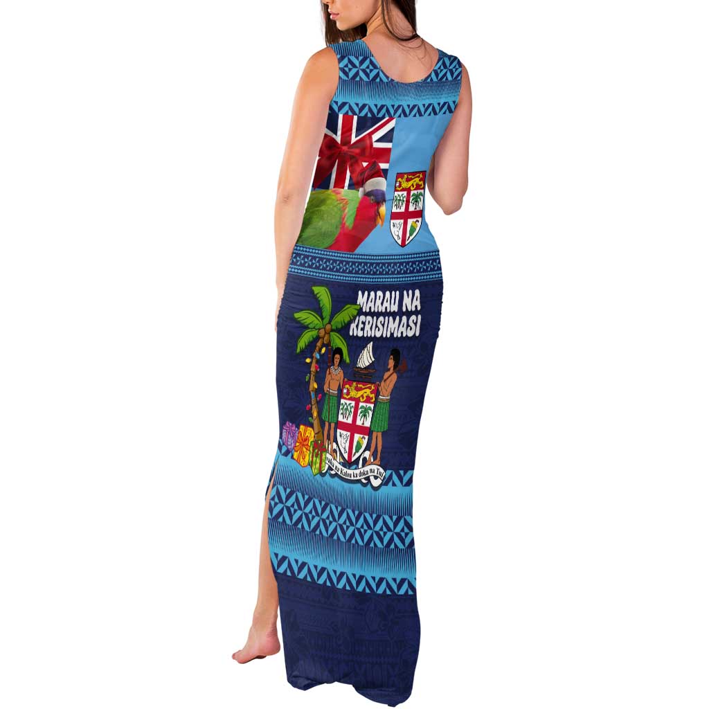 Fiji Marau na Kerisimasi Tank Maxi Dress Christmas Collared Lory - Fiji Emblems and Xmas Palm Tree Tapa Art Pattern LT03 - Polynesian Pride