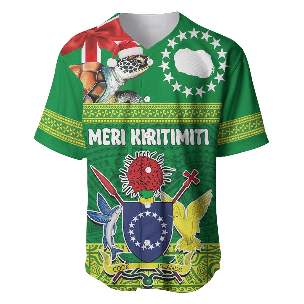 Cook Islands Meri Kiritimiti Baseball Jersey Christmas Turtle - Cooks Islands Emblems and Polynesian Art Pattern LT03 Green - Polynesian Pride