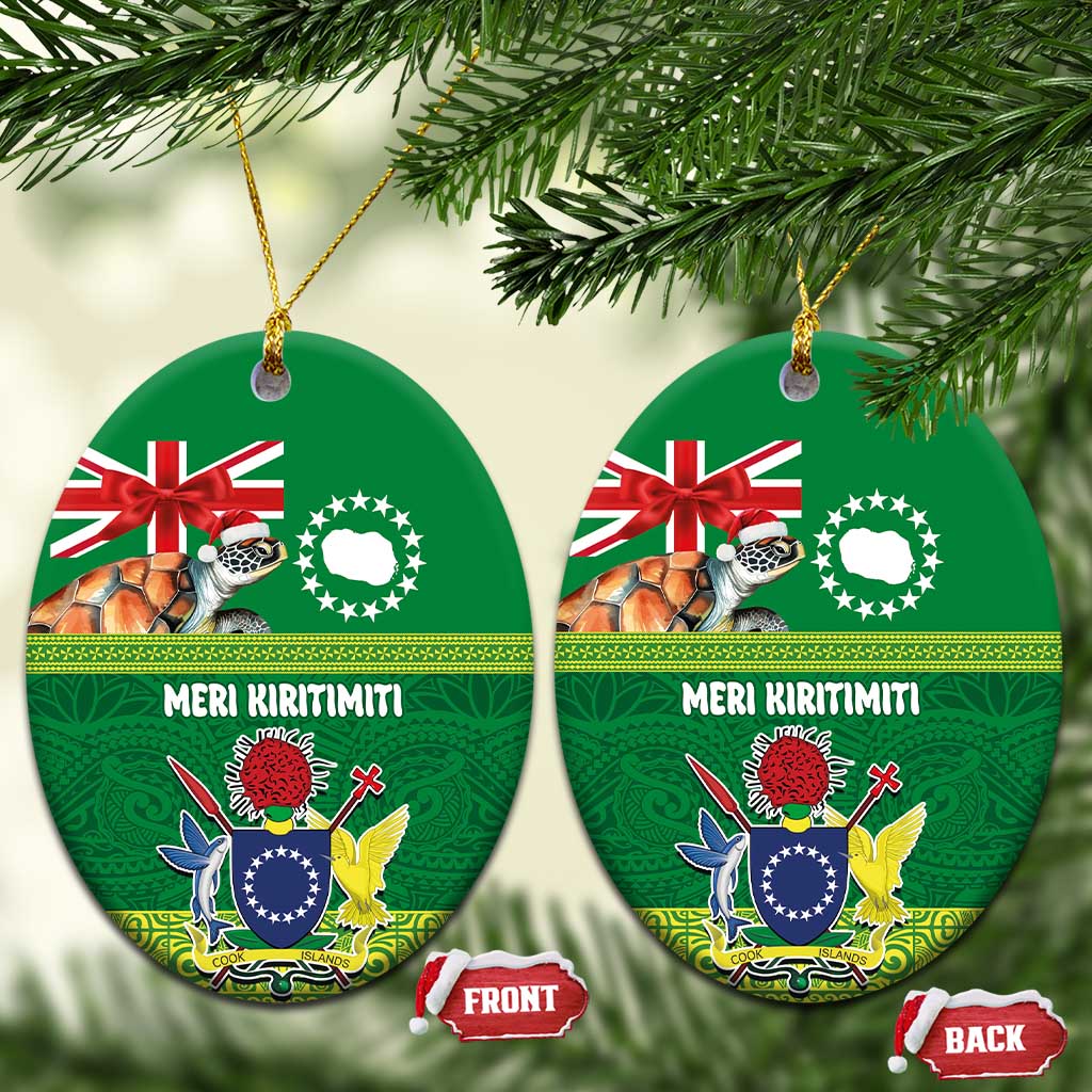 Cook Islands Meri Kiritimiti Ceramic Ornament Christmas Turtle - Cooks Islands Emblems and Polynesian Art Pattern LT03 Oval Green - Polynesian Pride