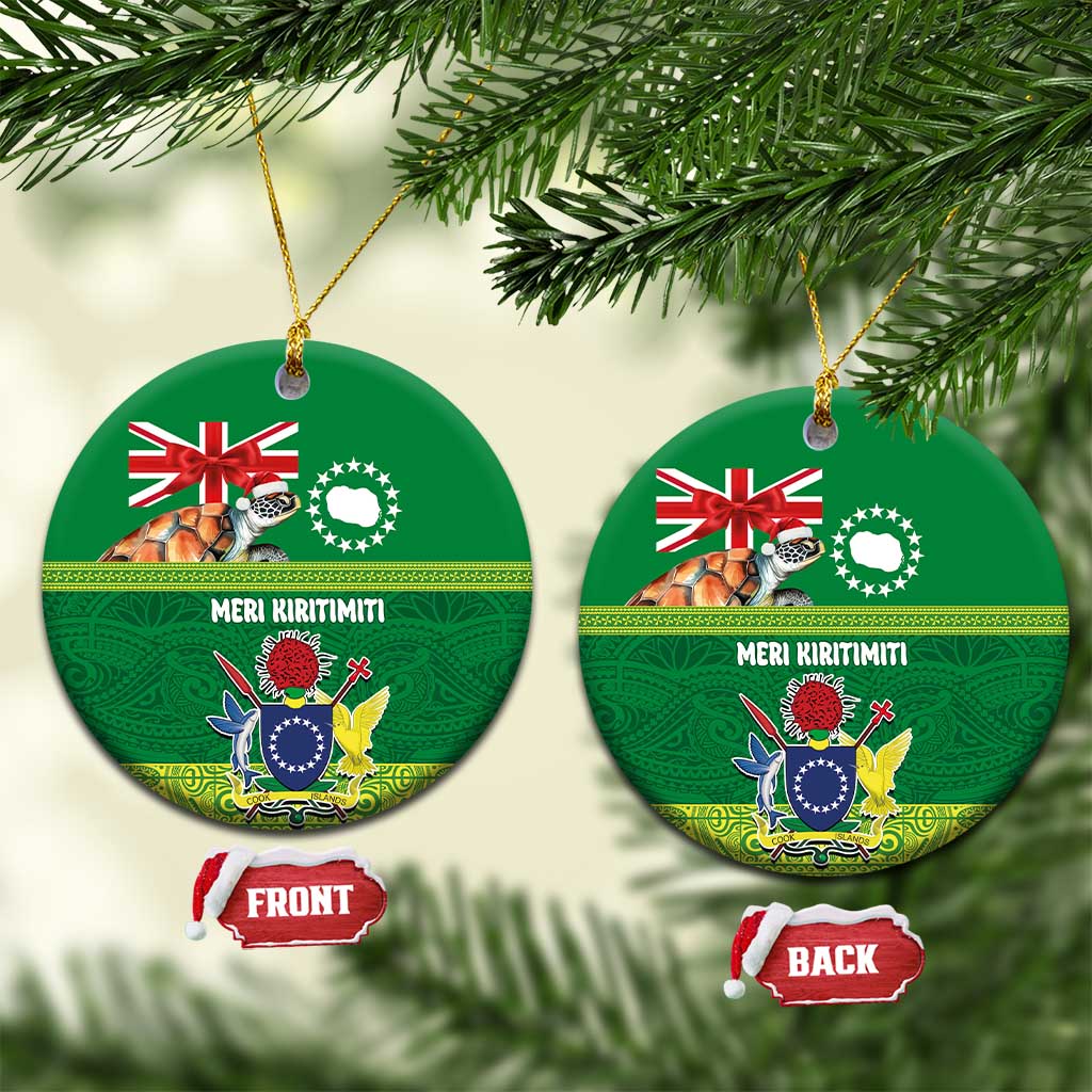 Cook Islands Meri Kiritimiti Ceramic Ornament Christmas Turtle - Cooks Islands Emblems and Polynesian Art Pattern LT03 Circle Green - Polynesian Pride