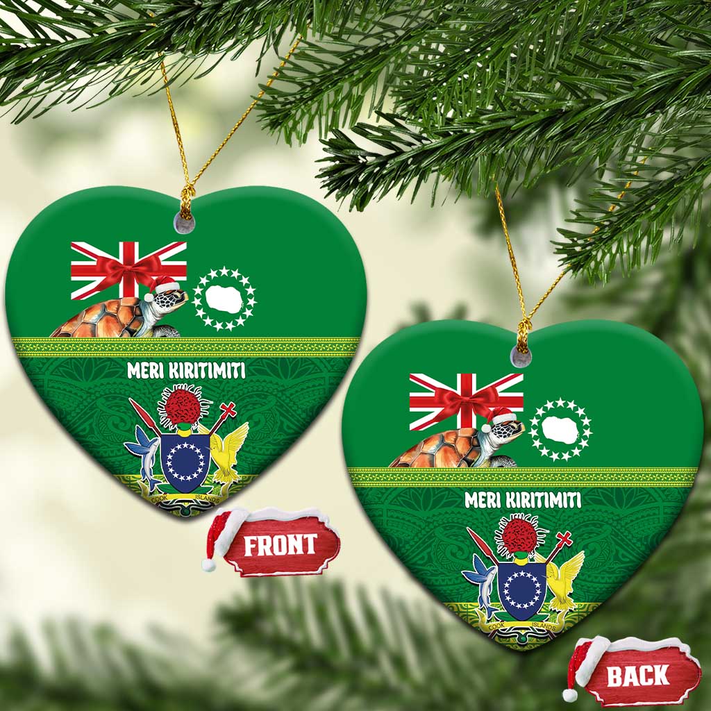 Cook Islands Meri Kiritimiti Ceramic Ornament Christmas Turtle - Cooks Islands Emblems and Polynesian Art Pattern LT03 Heart Green - Polynesian Pride