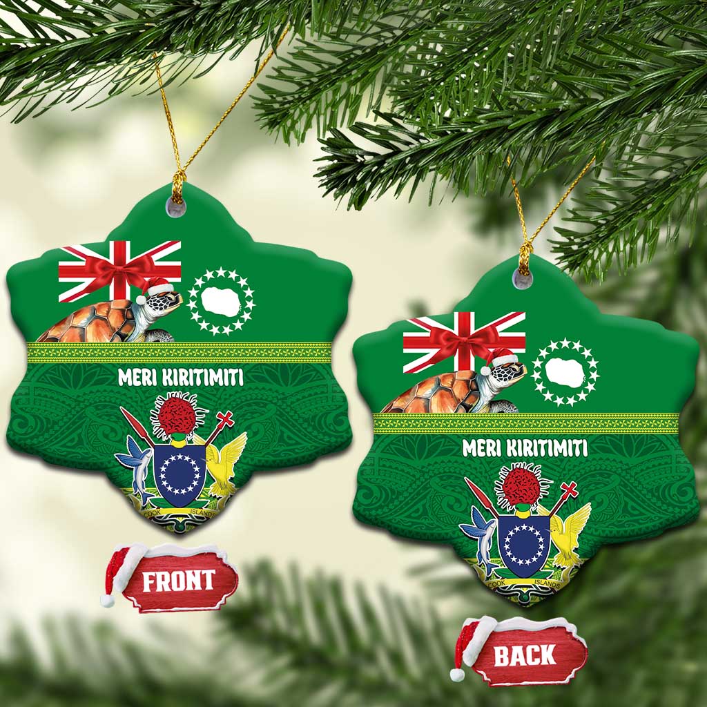 Cook Islands Meri Kiritimiti Ceramic Ornament Christmas Turtle - Cooks Islands Emblems and Polynesian Art Pattern LT03 Snow Flake Green - Polynesian Pride