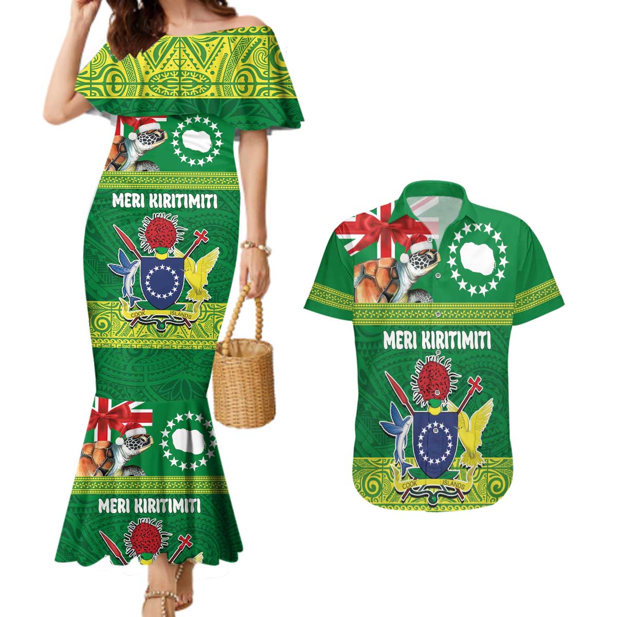 Cook Islands Meri Kiritimiti Couples Matching Mermaid Dress and Hawaiian Shirt Christmas Turtle - Cooks Islands Emblems and Polynesian Art Pattern