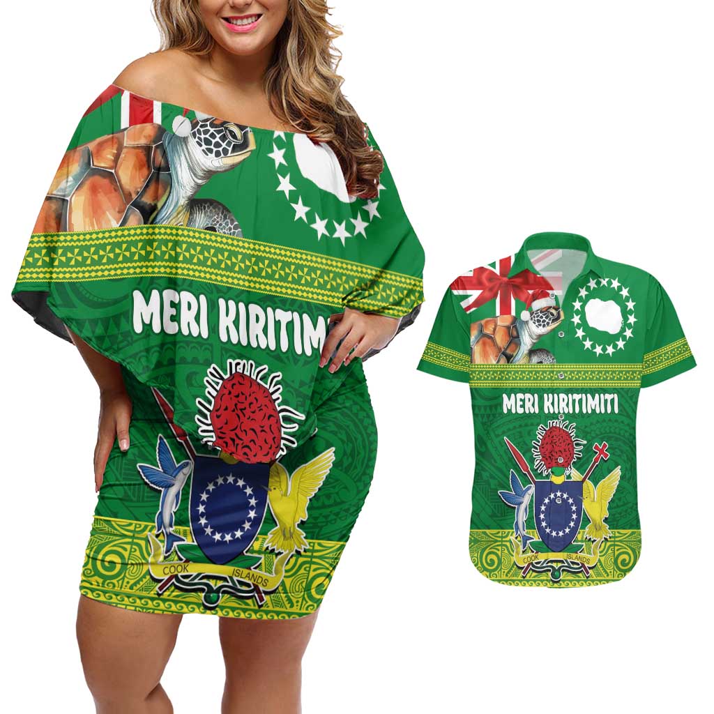 Cook Islands Meri Kiritimiti Couples Matching Off Shoulder Short Dress and Hawaiian Shirt Christmas Turtle - Cooks Islands Emblems and Polynesian Art Pattern LT03 Green - Polynesian Pride