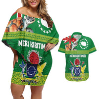 Cook Islands Meri Kiritimiti Couples Matching Off Shoulder Short Dress and Hawaiian Shirt Christmas Turtle - Cooks Islands Emblems and Polynesian Art Pattern LT03 Green - Polynesian Pride