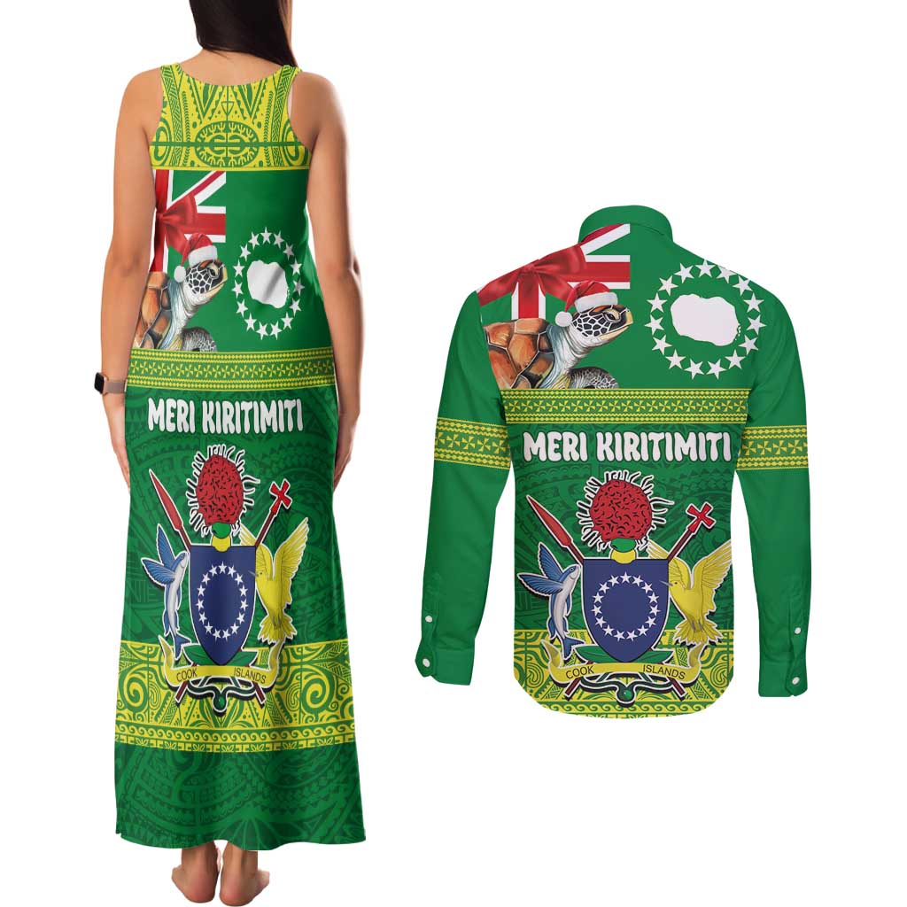 Cook Islands Meri Kiritimiti Couples Matching Tank Maxi Dress and Long Sleeve Button Shirt Christmas Turtle - Cooks Islands Emblems and Polynesian Art Pattern