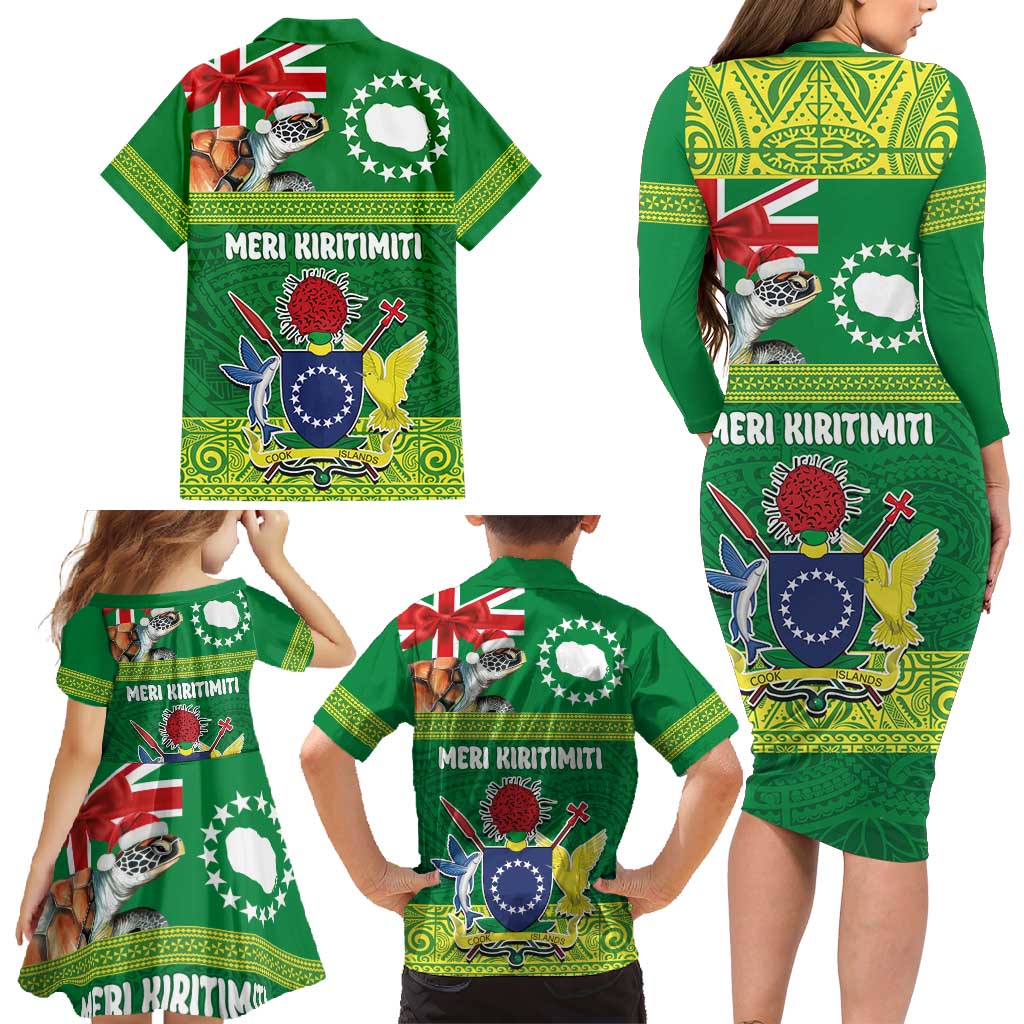 Cook Islands Meri Kiritimiti Family Matching Long Sleeve Bodycon Dress and Hawaiian Shirt Christmas Turtle - Cooks Islands Emblems and Polynesian Art Pattern LT03 - Polynesian Pride