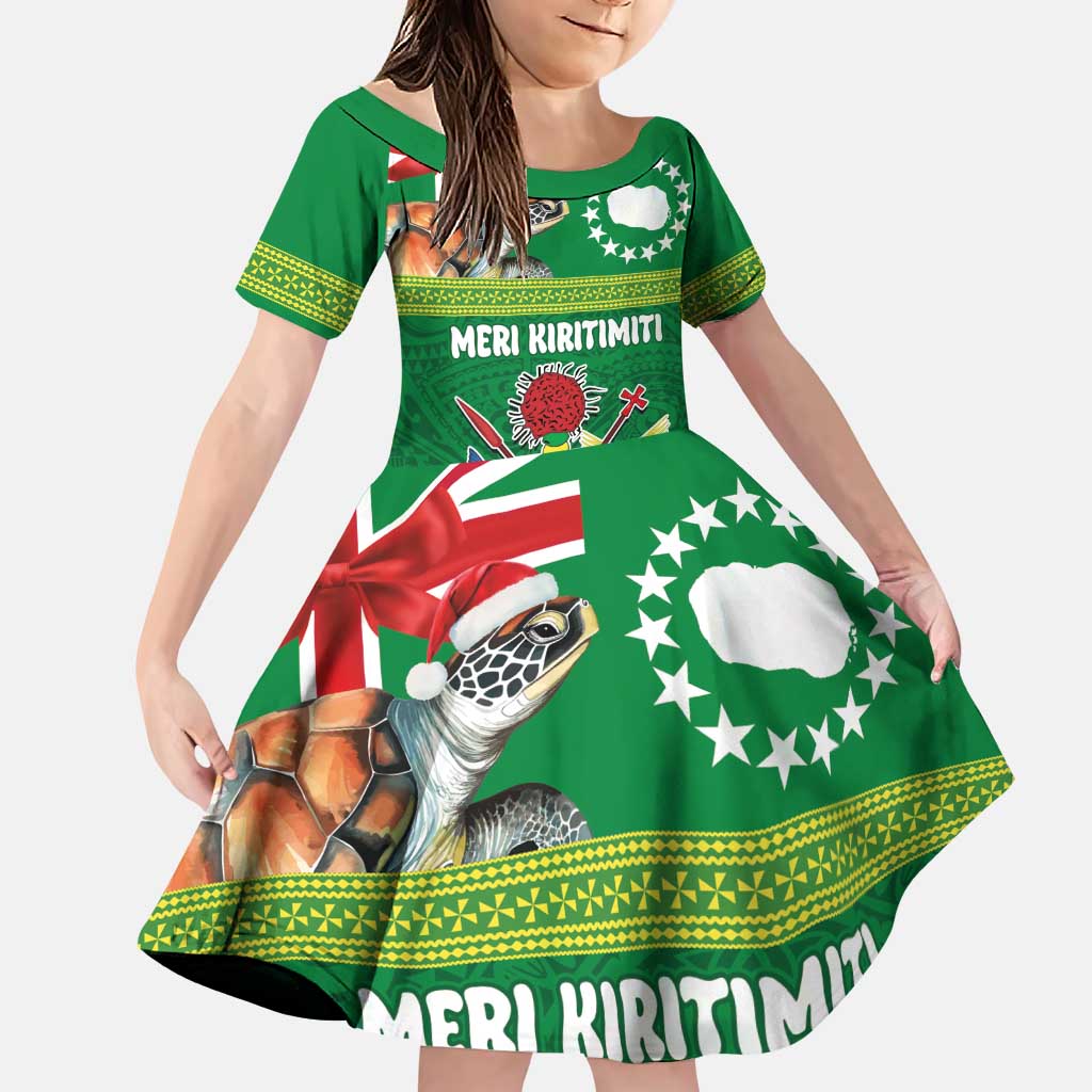 Cook Islands Meri Kiritimiti Family Matching Puletasi and Hawaiian Shirt Christmas Turtle - Cooks Islands Emblems and Polynesian Art Pattern LT03 Daughter's Dress Green - Polynesian Pride