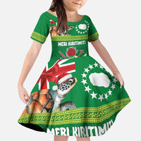 Cook Islands Meri Kiritimiti Family Matching Puletasi and Hawaiian Shirt Christmas Turtle - Cooks Islands Emblems and Polynesian Art Pattern LT03 Daughter's Dress Green - Polynesian Pride