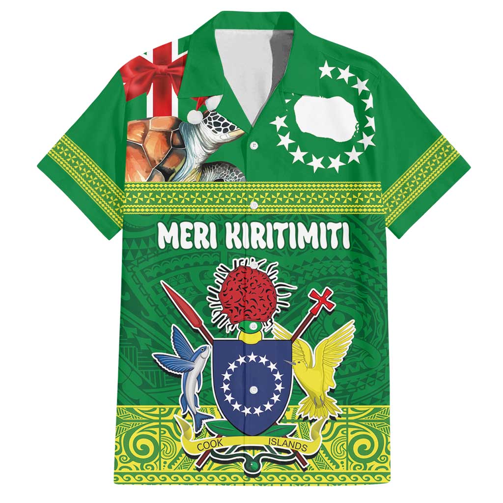 Cook Islands Meri Kiritimiti Family Matching Puletasi and Hawaiian Shirt Christmas Turtle - Cooks Islands Emblems and Polynesian Art Pattern LT03 Dad's Shirt - Short Sleeve Green - Polynesian Pride
