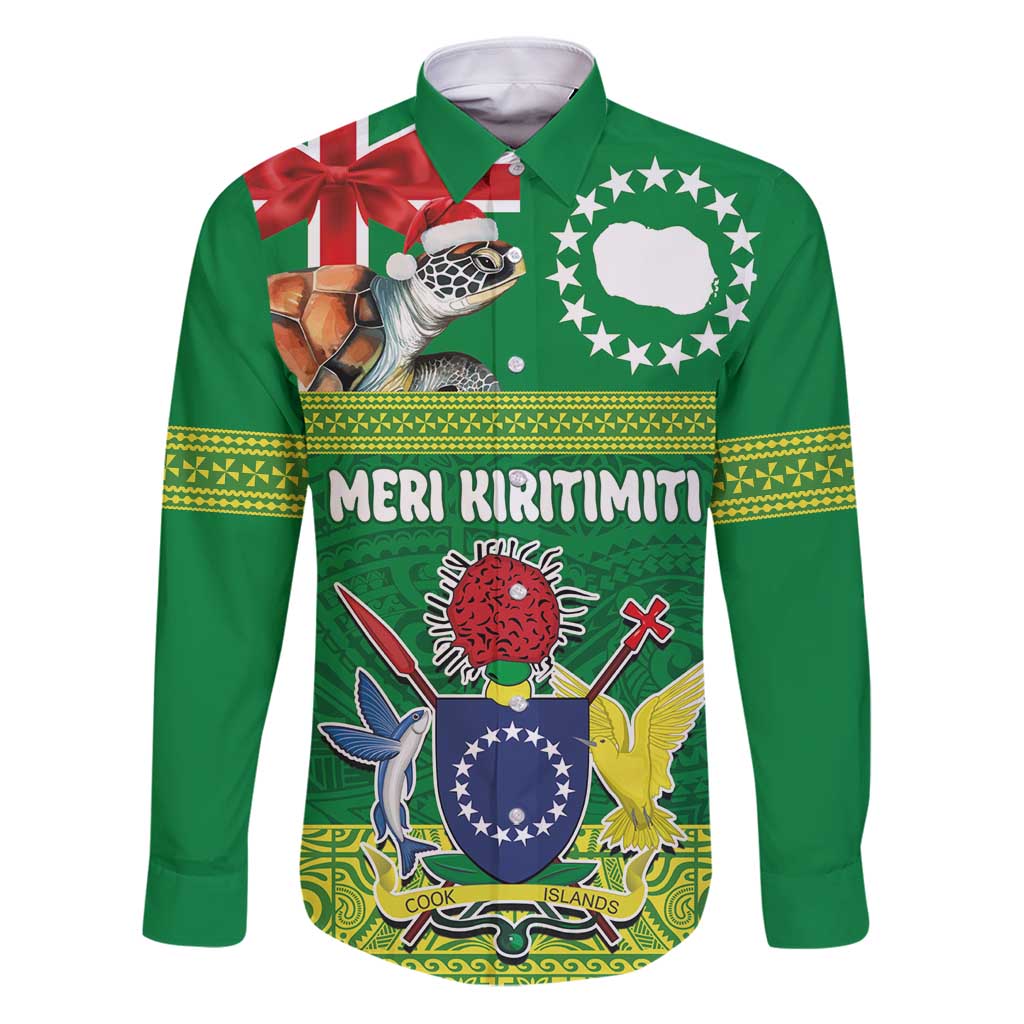 Cook Islands Meri Kiritimiti Family Matching Puletasi and Hawaiian Shirt Christmas Turtle - Cooks Islands Emblems and Polynesian Art Pattern LT03 Dad's Shirt - Long Sleeve Green - Polynesian Pride