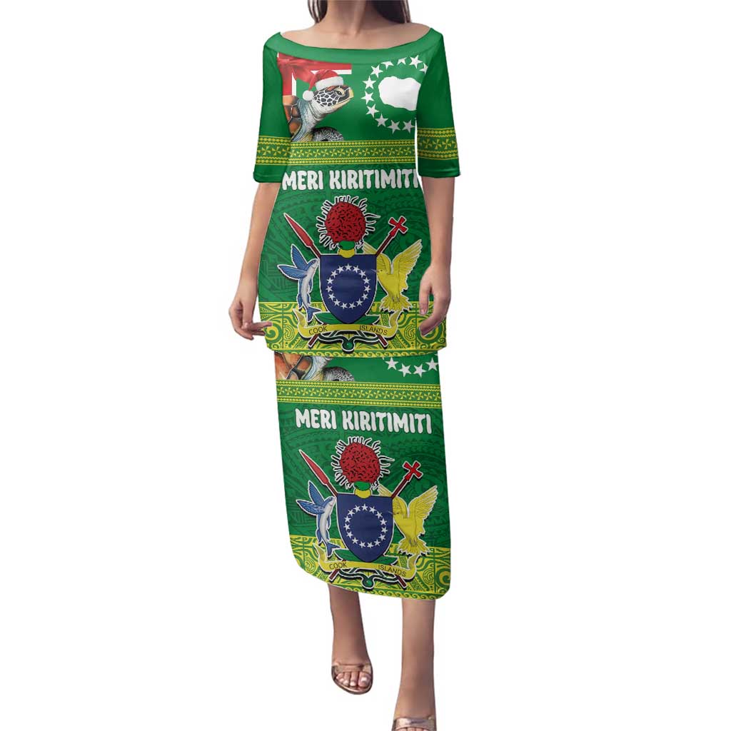 Cook Islands Meri Kiritimiti Family Matching Puletasi and Hawaiian Shirt Christmas Turtle - Cooks Islands Emblems and Polynesian Art Pattern LT03 Mom's Dress Green - Polynesian Pride