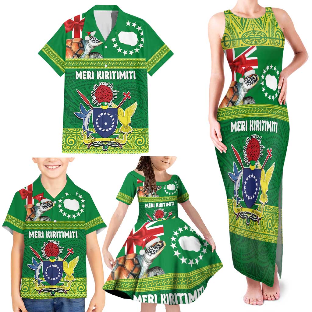 Cook Islands Meri Kiritimiti Family Matching Tank Maxi Dress and Hawaiian Shirt Christmas Turtle - Cooks Islands Emblems and Polynesian Art Pattern