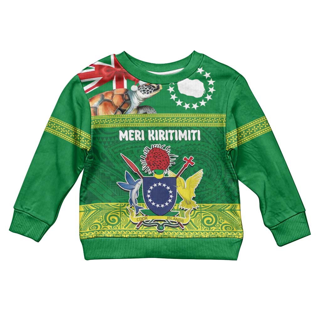Cook Islands Meri Kiritimiti Kid Ugly Christmas Sweater Christmas Turtle - Cooks Islands Emblems and Polynesian Art Pattern LT03 Kid Green - Polynesian Pride
