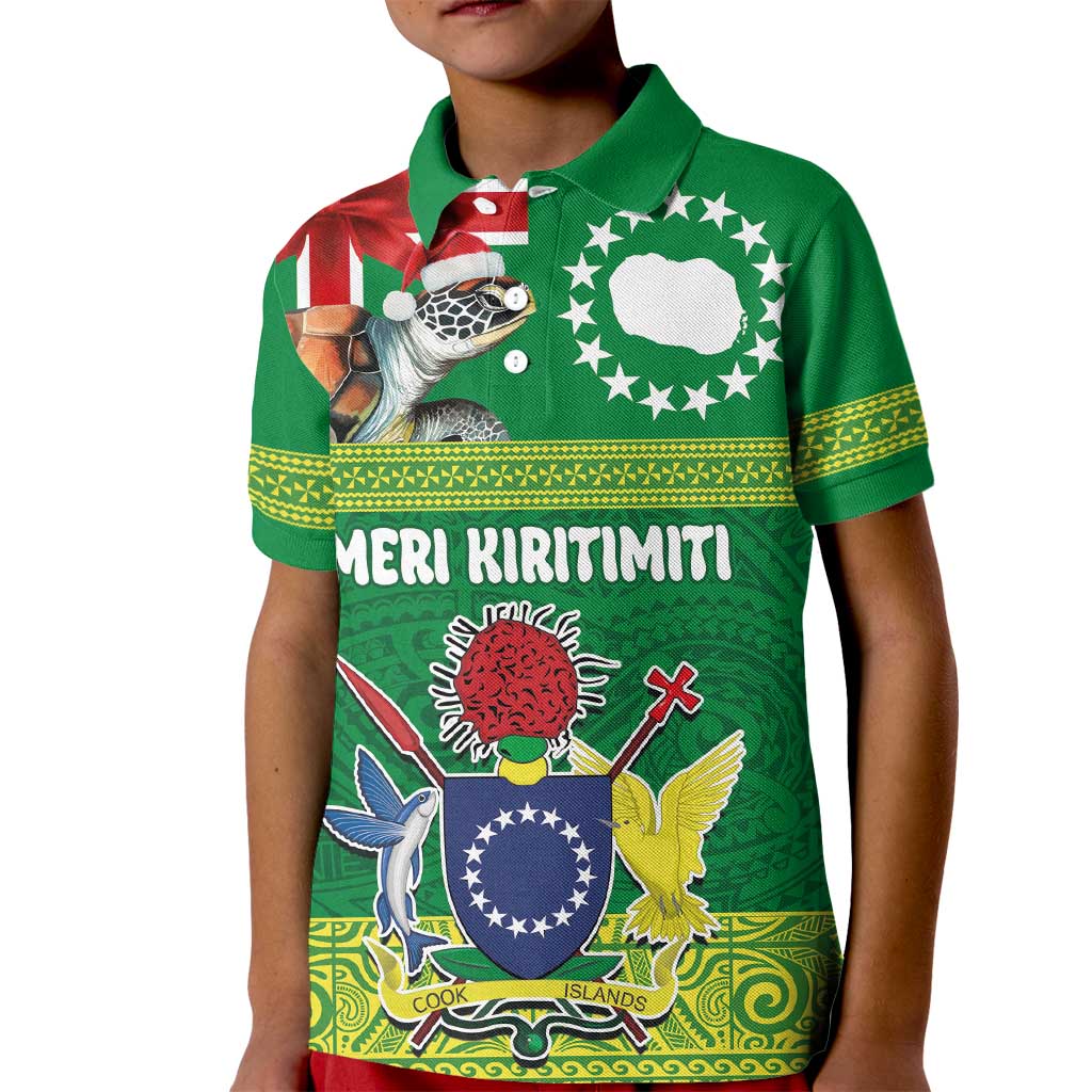 Cook Islands Meri Kiritimiti Kid Polo Shirt Christmas Turtle - Cooks Islands Emblems and Polynesian Art Pattern LT03 Kid Green - Polynesian Pride