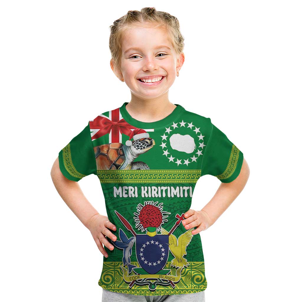 Cook Islands Meri Kiritimiti Kid T Shirt Christmas Turtle - Cooks Islands Emblems and Polynesian Art Pattern LT03 Green - Polynesian Pride