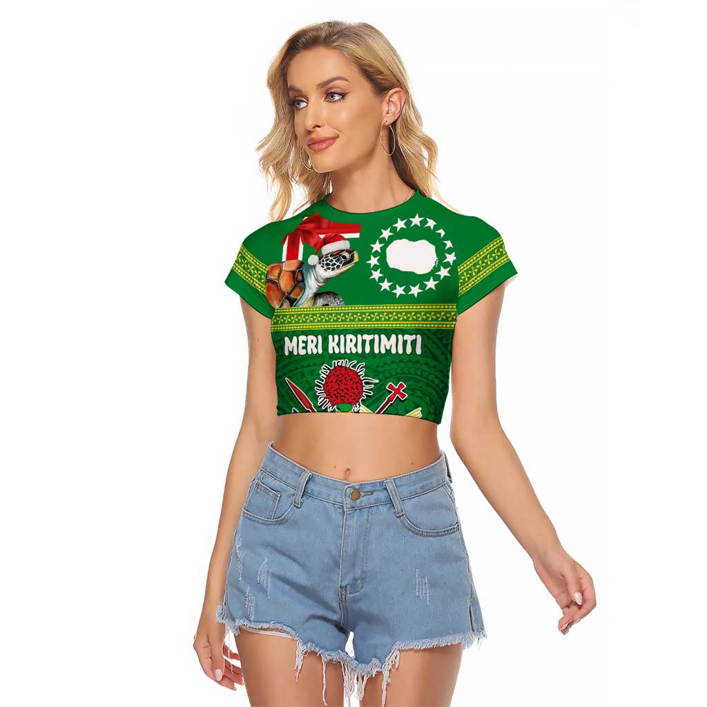 Cook Islands Meri Kiritimiti Raglan Cropped T Shirt Christmas Turtle - Cooks Islands Emblems and Polynesian Art Pattern LT03 Female Green - Polynesian Pride