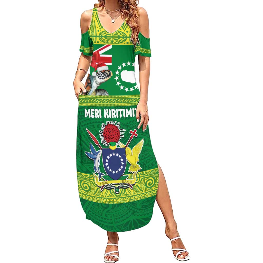 Cook Islands Meri Kiritimiti Summer Maxi Dress Christmas Turtle - Cooks Islands Emblems and Polynesian Art Pattern