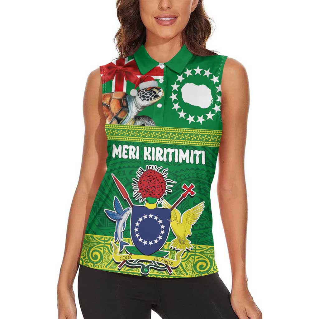 Cook Islands Meri Kiritimiti Women Sleeveless Polo Shirt Christmas Turtle - Cooks Islands Emblems and Polynesian Art Pattern LT03 - Polynesian Pride
