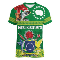 Cook Islands Meri Kiritimiti Women V-Neck T-Shirt Christmas Turtle - Cooks Islands Emblems and Polynesian Art Pattern LT03 Female Green - Polynesian Pride