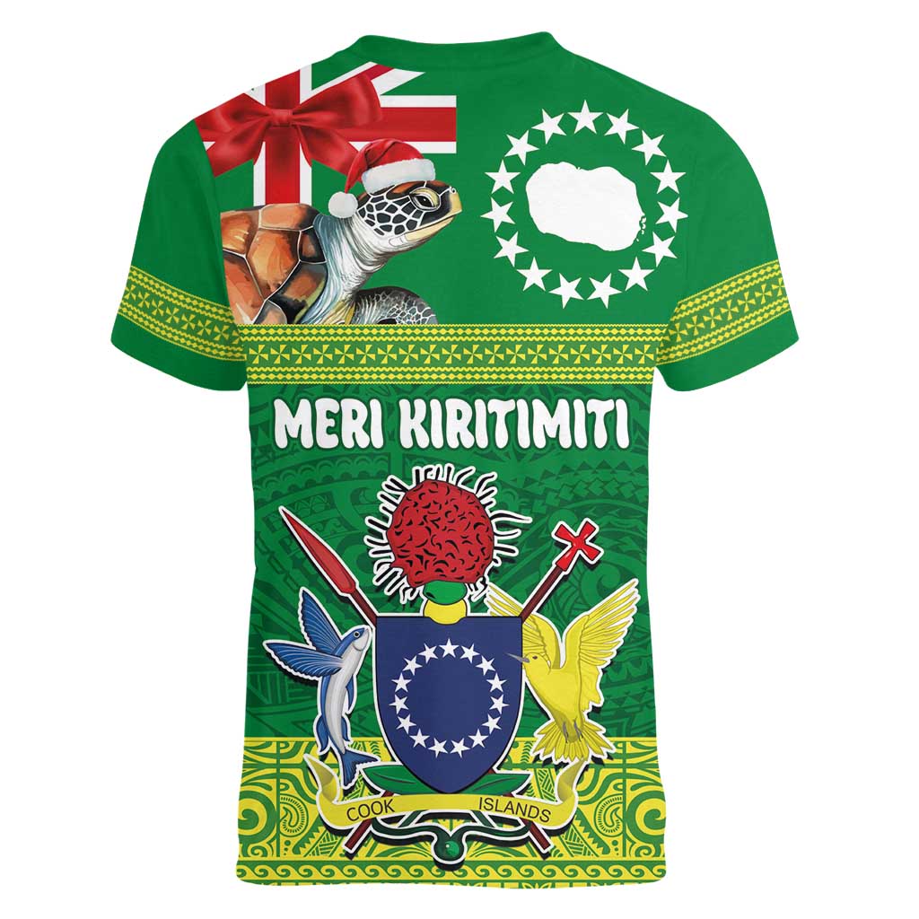 Cook Islands Meri Kiritimiti Women V-Neck T-Shirt Christmas Turtle - Cooks Islands Emblems and Polynesian Art Pattern LT03 - Polynesian Pride