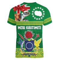 Cook Islands Meri Kiritimiti Women V-Neck T-Shirt Christmas Turtle - Cooks Islands Emblems and Polynesian Art Pattern LT03 - Polynesian Pride